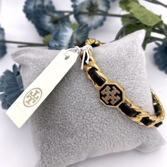 NWT Tory Burch Gold Logo,Black Leather Braided cuff Bracelet - Picture 3 of 9